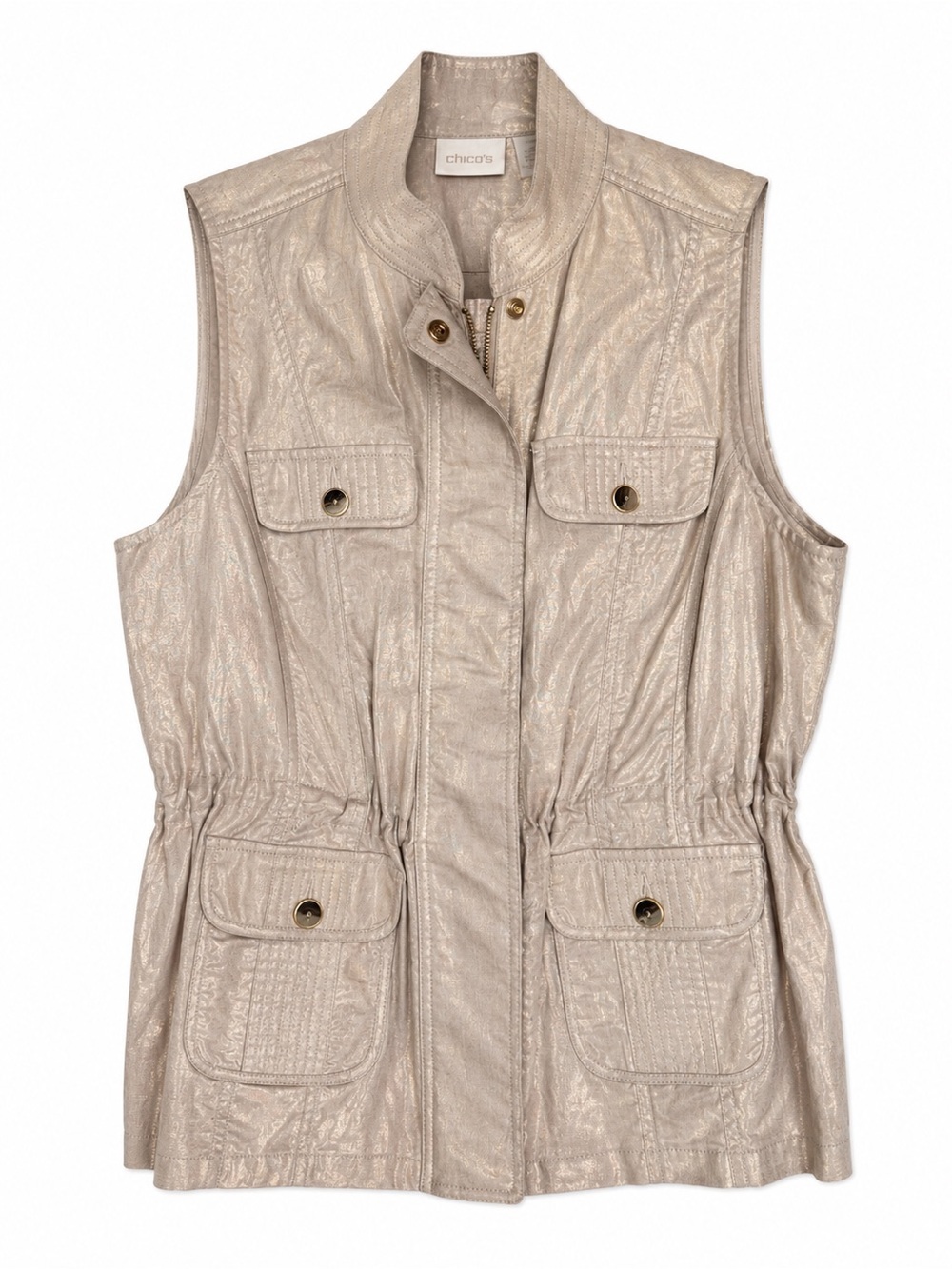 Chico’s Size 2 Linen Cotton Metallic Utility Safari Vest Gold Beige Pockets - Picture 4 of 11